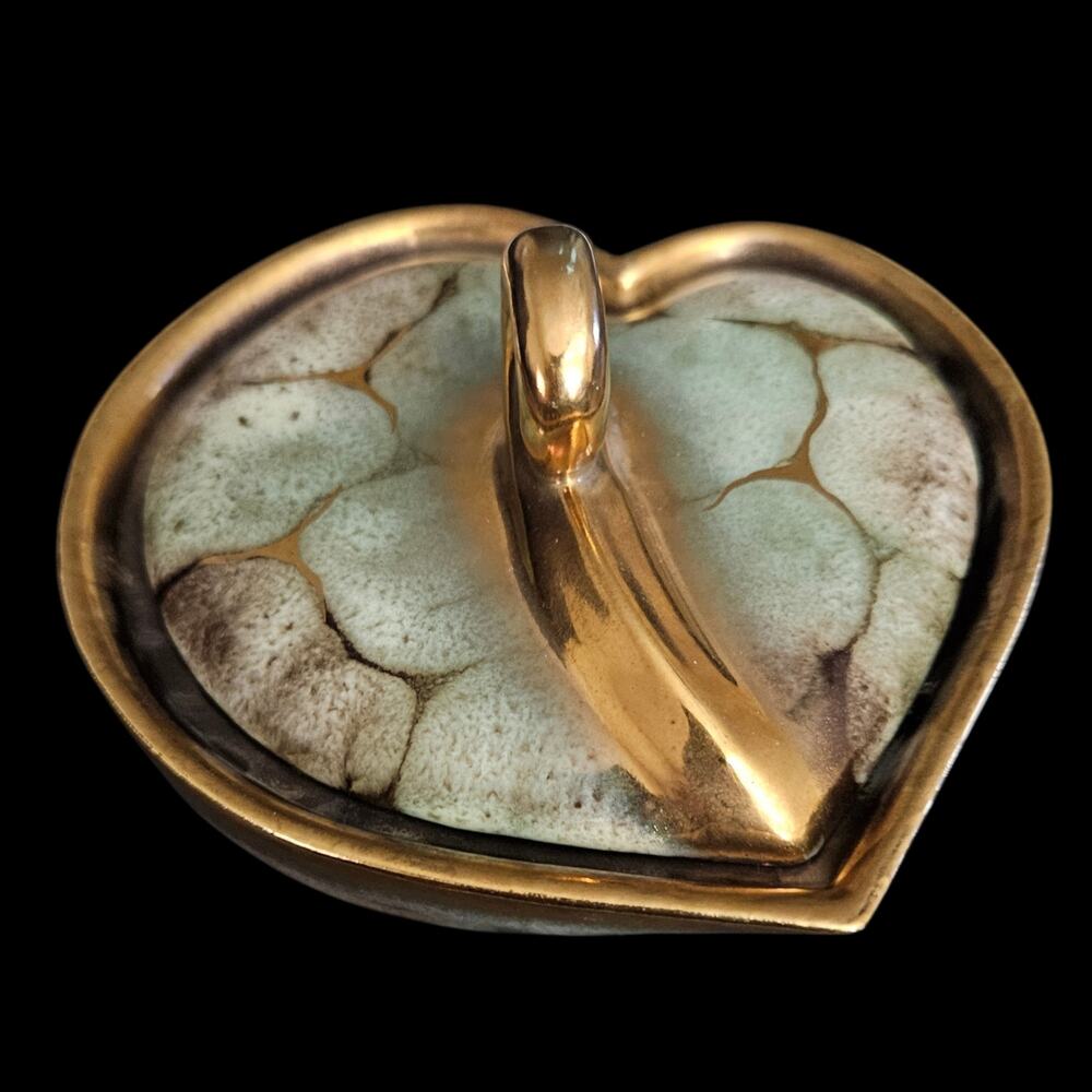 Vintage West Germany Pottery Heart Shaped Covered Dish Gold Lid